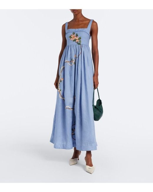 Agua Bendita Blue Barbara Embroidered Linen Maxi Dress