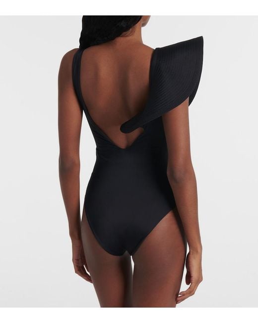Johanna Ortiz Black Asymmetric Ruffled Swimsuit