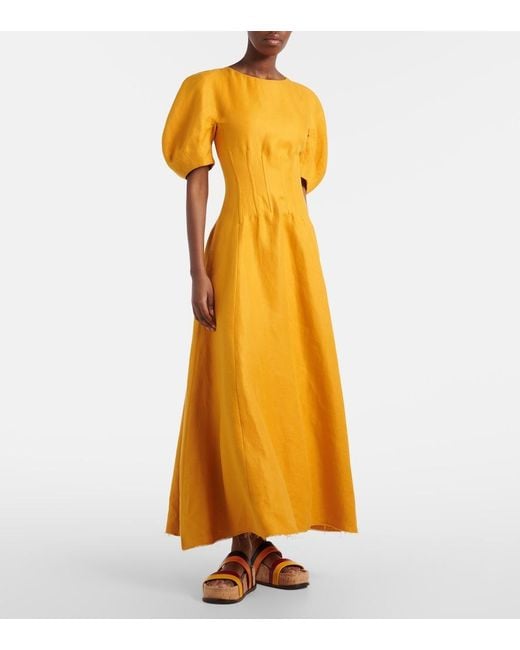 Gabriela Hearst Yellow Ranya Puff-Sleeve Linen Twill Maxi Dress