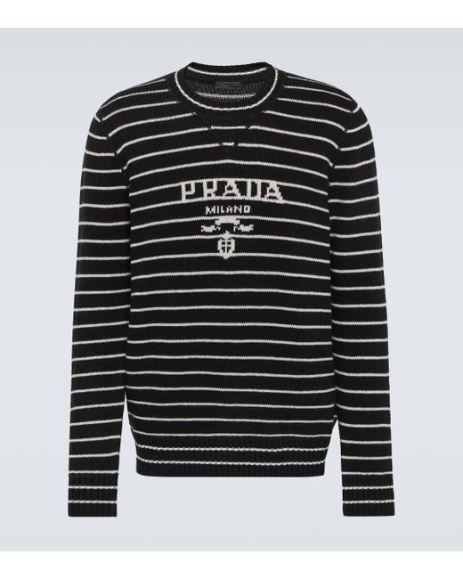 Prada Black Logo Striped Wool And Cashmere Sweater for men