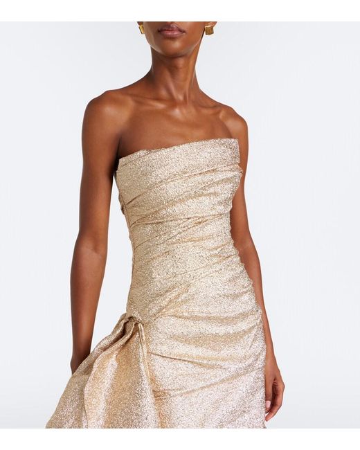 Marmar Halim Natural Draped Pleated Brocade Bustier Gown