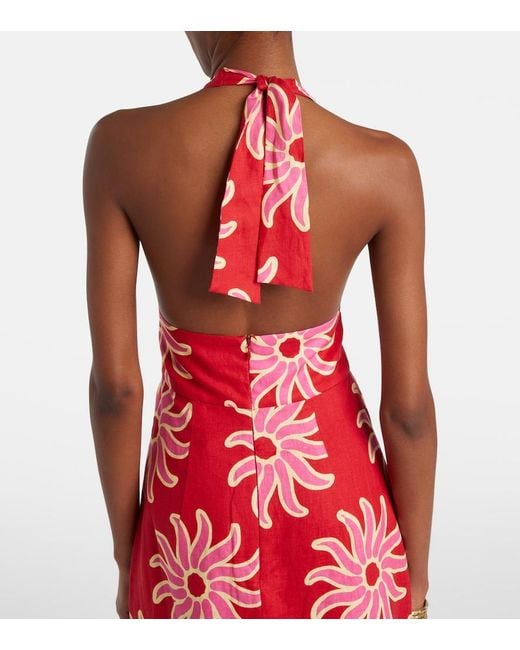 Cala De La Cruz Red Dasha Printed Halterneck Linen Maxi Dress