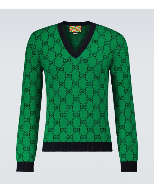 Gucci Green GG Multicolor V-neck Sweater for men