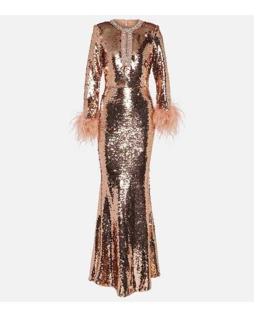 Self-Portrait Brown Sequined Feather-trimmed Gown