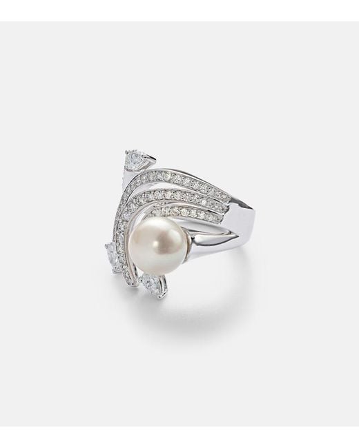 YEPREM White Pearlescent 18Kt Ring With Diamonds And Pearl