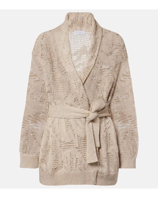 Brunello Cucinelli Natural Open-Knit Linen And Cotton Wrap Cardigan
