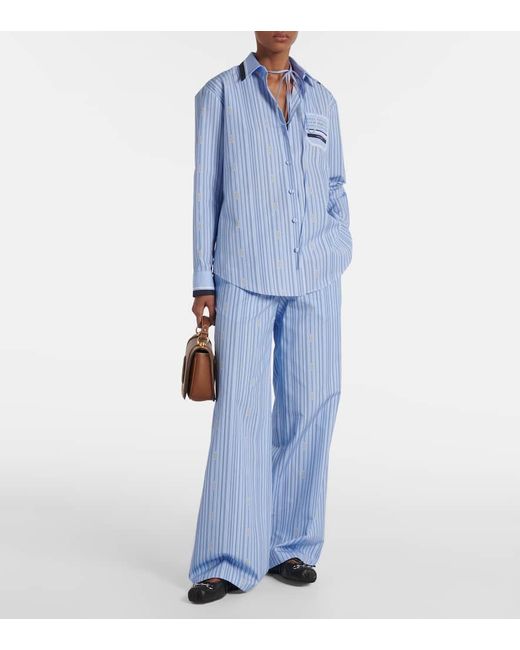 Gucci Blue Tie-Neck Printed Cotton-Poplin Shirt