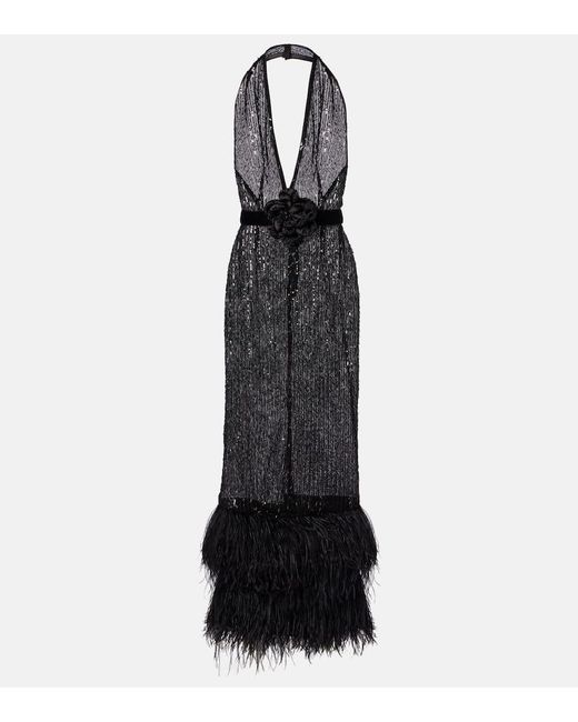 Dolce & Gabbana Black Feather-Trimmed Sequined Sheer Gown
