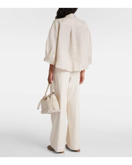 Brunello Cucinelli White Verziertes Hemd aus Leinen