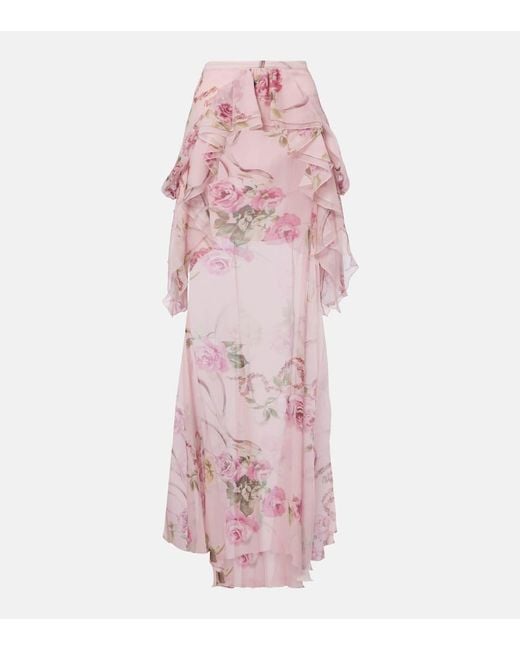 Jupe Longue En Crepe De Soie A Fleurs Blumarine en coloris Pink