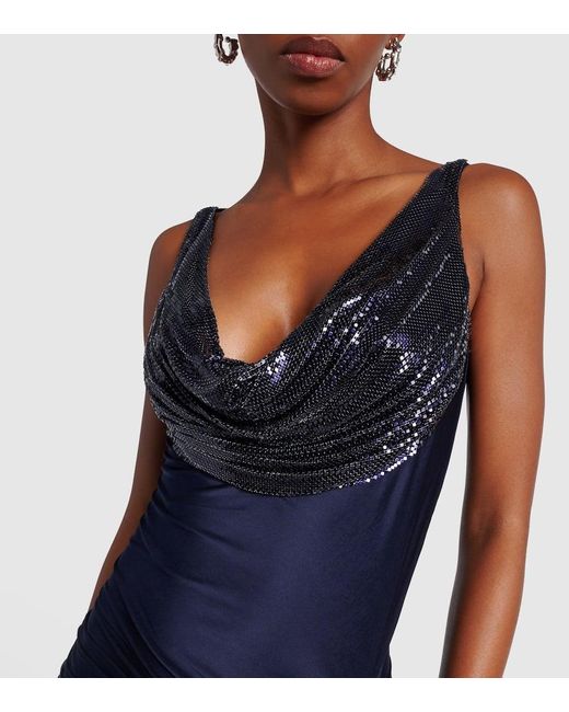 Rabanne Women's Blue Chainmail-Embellished Stretch-Satin Gown