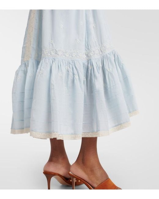 Rixo Blue Edina Embroidered Cotton Midi Dress