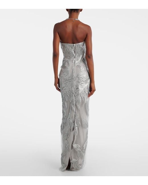 Monique Lhuillier White Embroidered Silk Tulle Gown