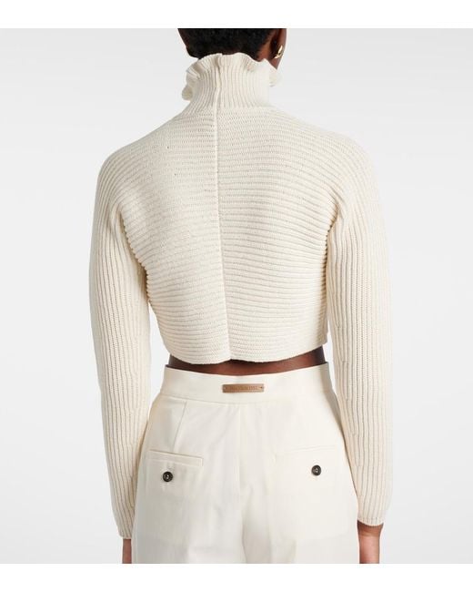 Max Mara White Campo Ribbed-Knit Cropped Turtleneck Sweater