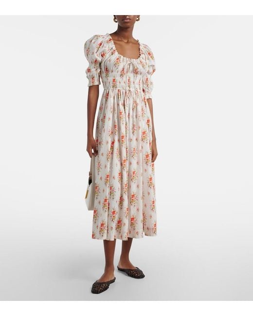 Doen Multicolor Ischia Gathered Floral Cotton Midi Dress
