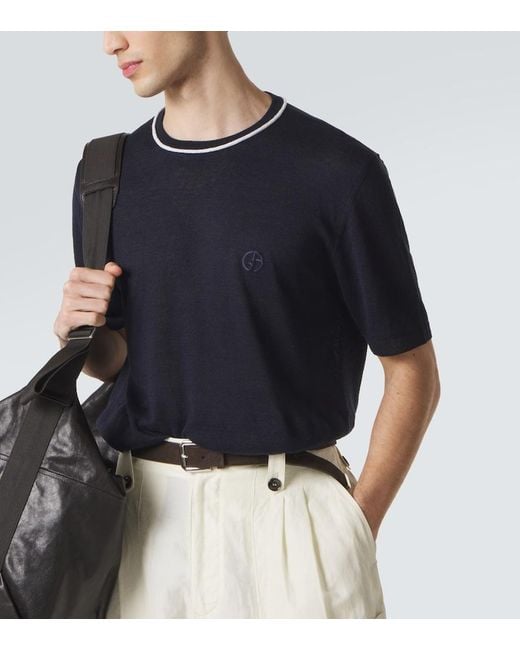 Giorgio Armani Blue Logo Linen And Silk T-Shirt for men