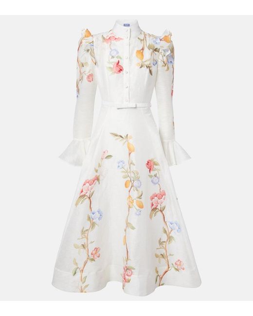 LEO LIN White Selina Floral Ruffled Linen-Blend Midi Dress