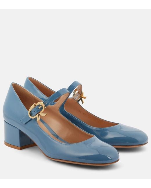 Gianvito Rossi Blue Mary Ribbon Patent Leather Mary Jane Pumps