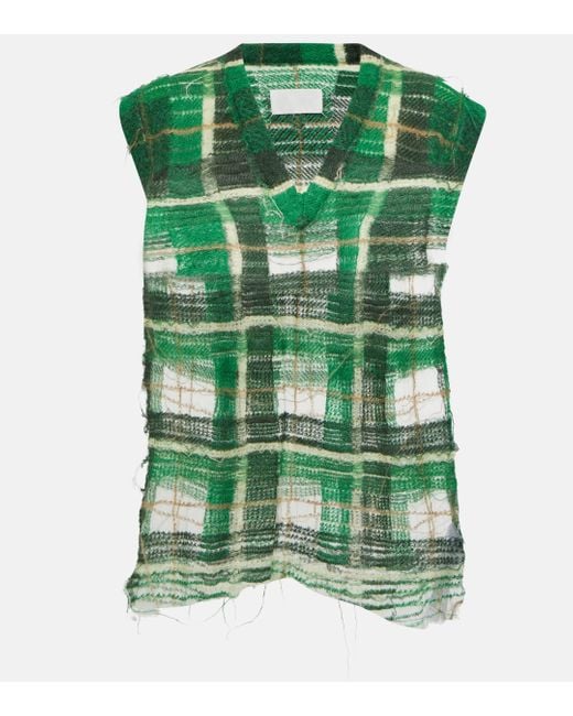 Maison Margiela Green Distressed Checked Mohair-blend Sweater Vest