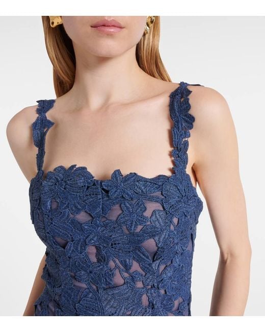 Oscar de la Renta Blue Midikleid Aus Guipure-Spitze
