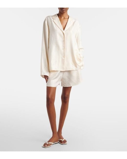 Totême White Embroidered Silk Satin Pajama Shorts
