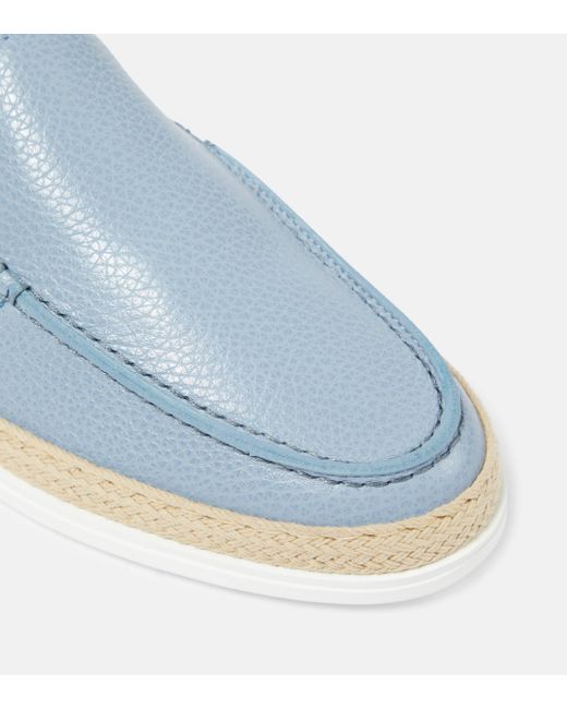 Tod's Blue Raffia-trimmed Leather Loafers