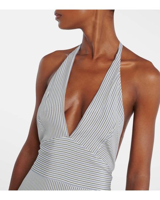 Miu Miu White Striped Silk Crepe De Chine Midi Dress