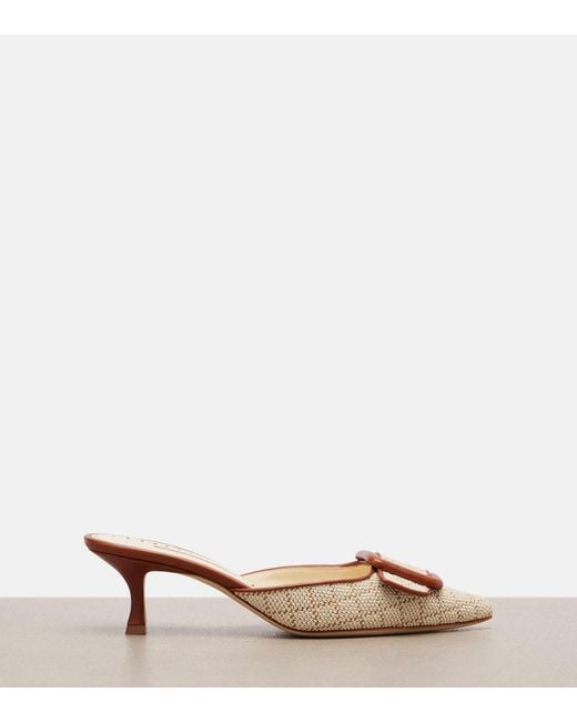 Manolo Blahnik Natural Maysale Leather-Trimmed Mules