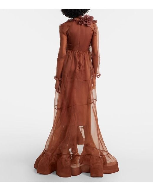 Zimmermann Brown Como Floral-Applique Silk Maxi Dress