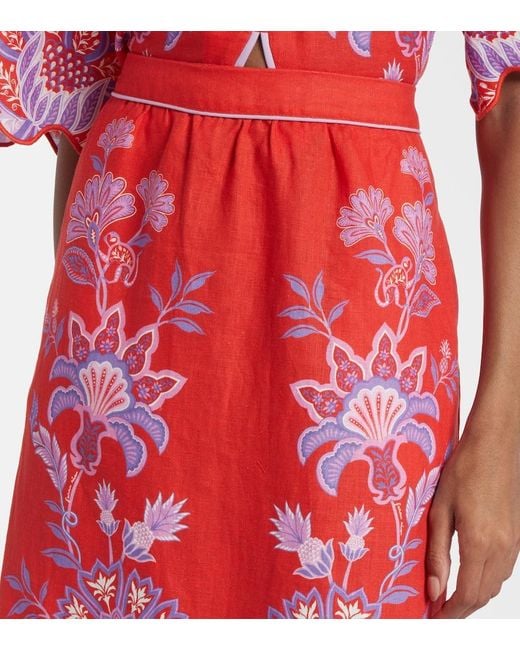 Farm Rio Red Porcelain Garden Printed Linen Maxi Skirt