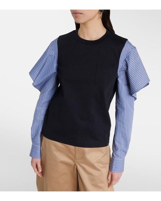 Sacai Blue Striped Cotton Jersey And Poplin Shirt