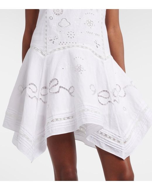 Self-Portrait White Embroidered Linen And Cotton Poplin Minidress