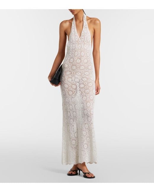 Nili Lotan White Eddie Crochet Halterneck Cotton Maxi Dress