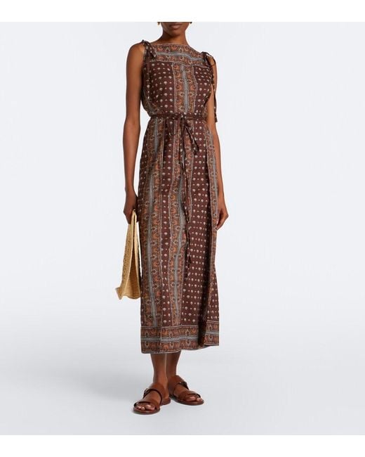 Doen Brown Amarante Printed Cotton Voile Midi Dress