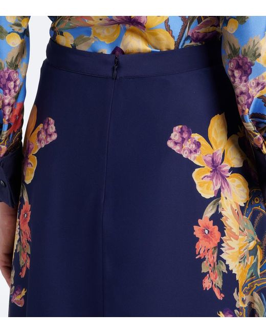 Etro Blue Floral Silk Crepe De Chine Maxi Skirt