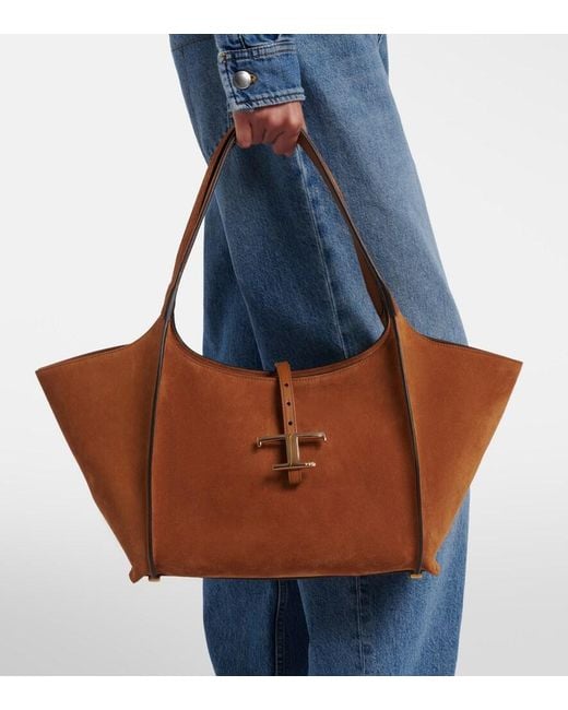 Tod's Brown T Timeless Small Suede Tote Bag