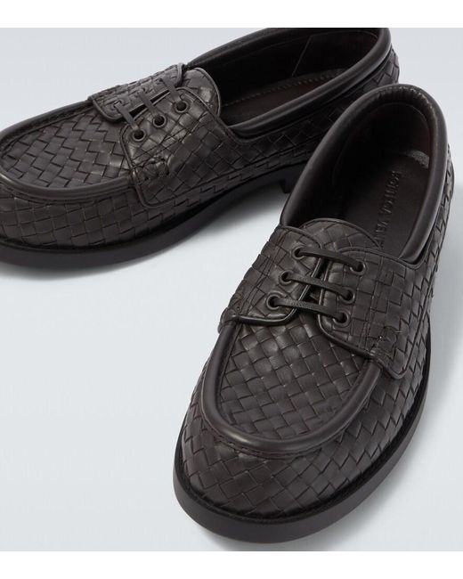 Bottega Veneta Black Pier Intrecciato Leather Boat Shoes for men