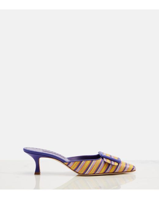 Manolo Blahnik Blue Maysalebi Striped Leather-Trimmed Mules