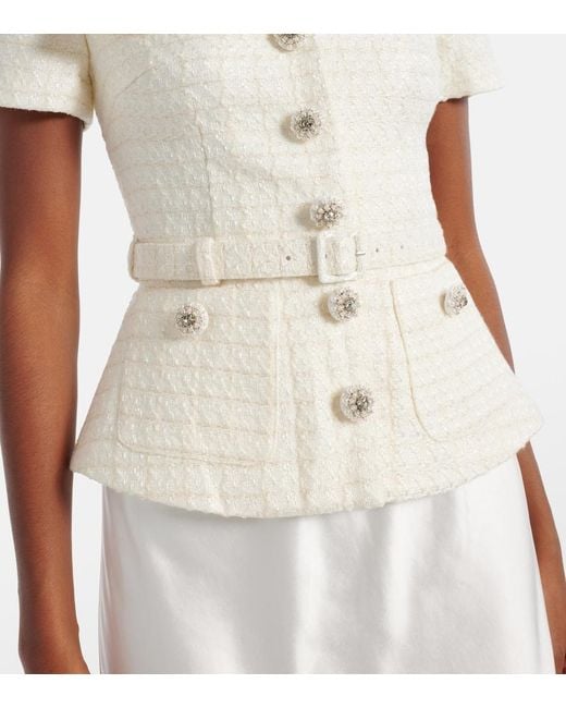 Self-Portrait White Bridal Peplum Satin And Boucle Maxi Dress
