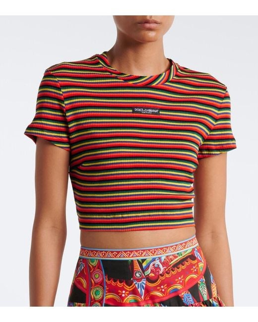 Dolce & Gabbana Red Cropped Striped Cotton T-Shirt