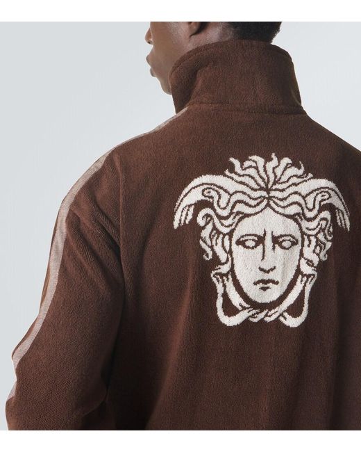 Versace Brown Logo Cotton Terry Zip-Up Sweatshirt for men