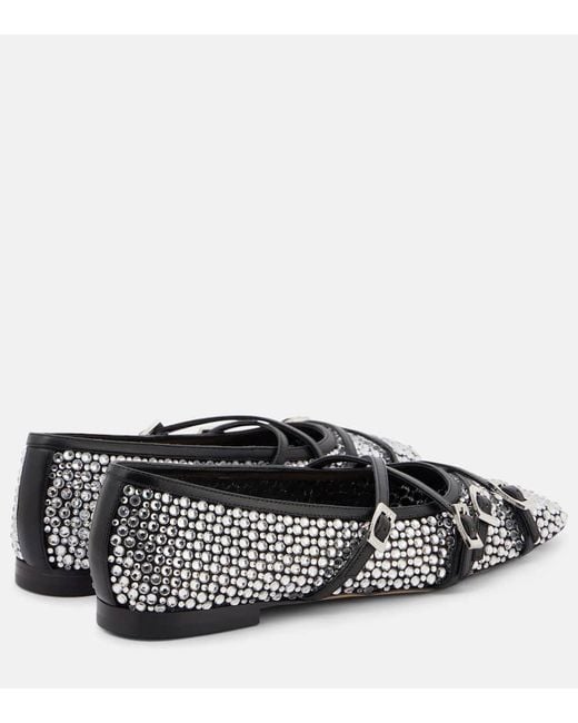 Mach & Mach Black Crystal-Embellished Mesh Ballet Flats