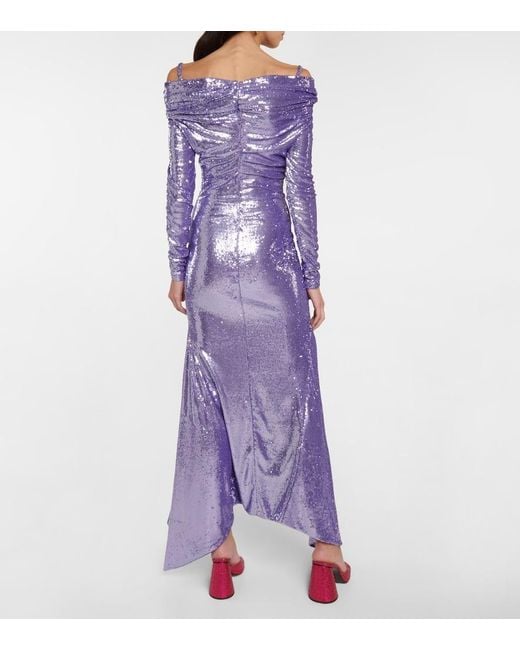 The Attico Purple Fanny Sequined Off-shoulder Gown