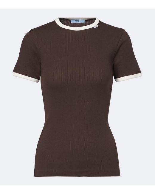 Prada Brown Ribbed-Knit Cotton T-Shirt