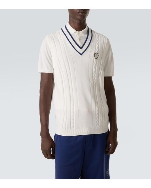 Brunello Cucinelli White Cable-Knit Embroidered Cotton Sweater Vest for men