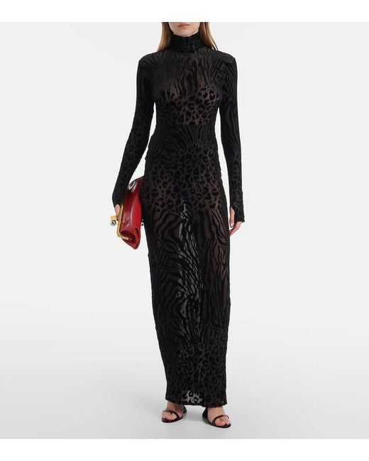 Alex Perry Black Sheer Animal-Print Devore Maxi Dress