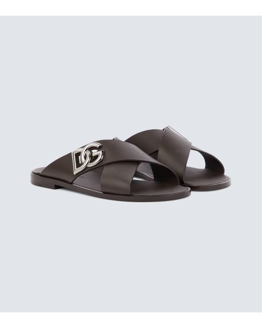 Dolce & Gabbana Brown Logo Leather Slides for men