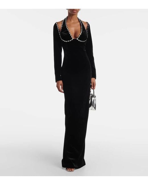 Rasario Black Crystal-Embellished Velvet Gown