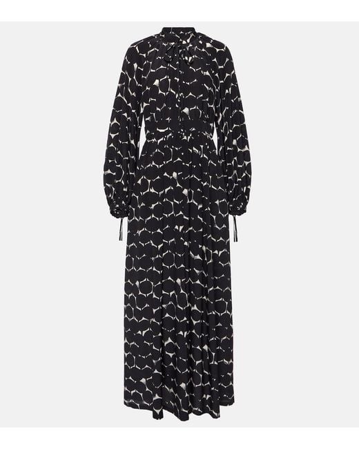 Max Mara Black Printed Silk Crepe De Chine Long Dress