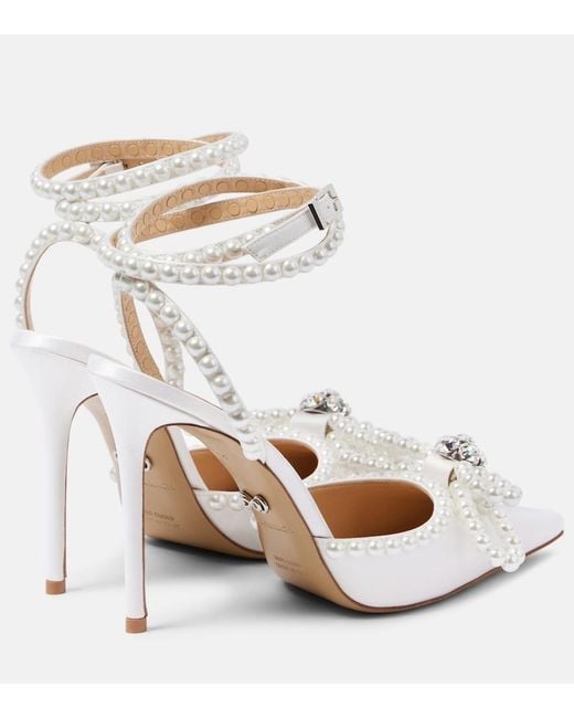 Mach & Mach White Double Bow Embellished Satin Pumps